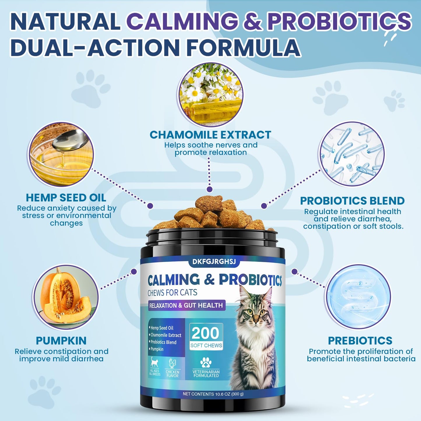 DKFGJRGHSJ Cat Calming Treats, 200 Soft Chews Hemp Calming for Cats Gut Health with Probiotics, Calm Cat Treats for Anxiety and Stress Relief & Probiotic for Cats Digestive Health Chicken Flavor