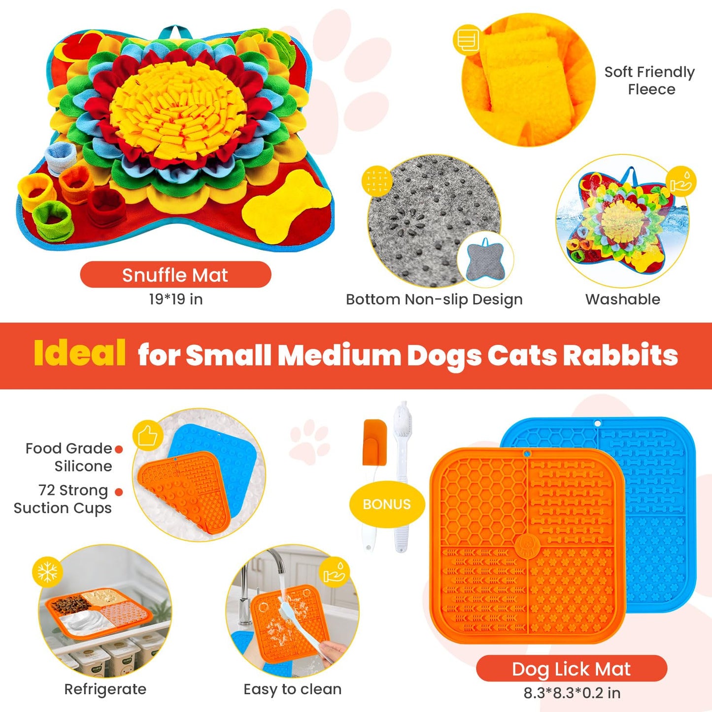 Petcare Dog Snuffle Mat and Lick Mat Set, Interactive Enrichment Dog Puzzle Toy for Puppy Small Medium Dogs Cats Rabbits, Cognitive Sniff Foraging Mats Mental Stimulation Treat Game Slow Feeder Mats
