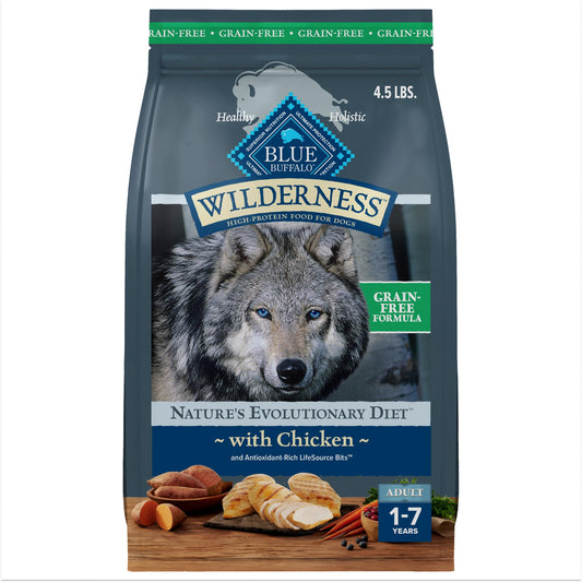 Blue Buffalo Wilderness Adult High-Protein Dry Dog Food with Real Chicken, Grain-Free, Made in the USA with Natural Ingredients, Chicken, 4.5-lb Bag