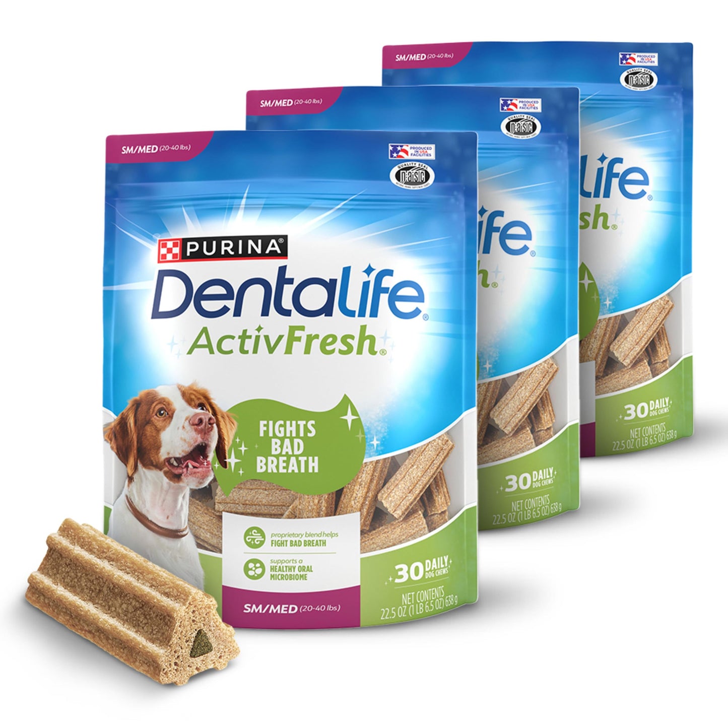 DentaLife ActivFresh Pack of 3 Dog Chews for Small and Medium Dogs 20-40 lbs., Dental Chews to Freshen Breath, Chicken Flavor, 22.5 oz. each, 30 Chews each/90 Total Chews - 30 ct. Pouch