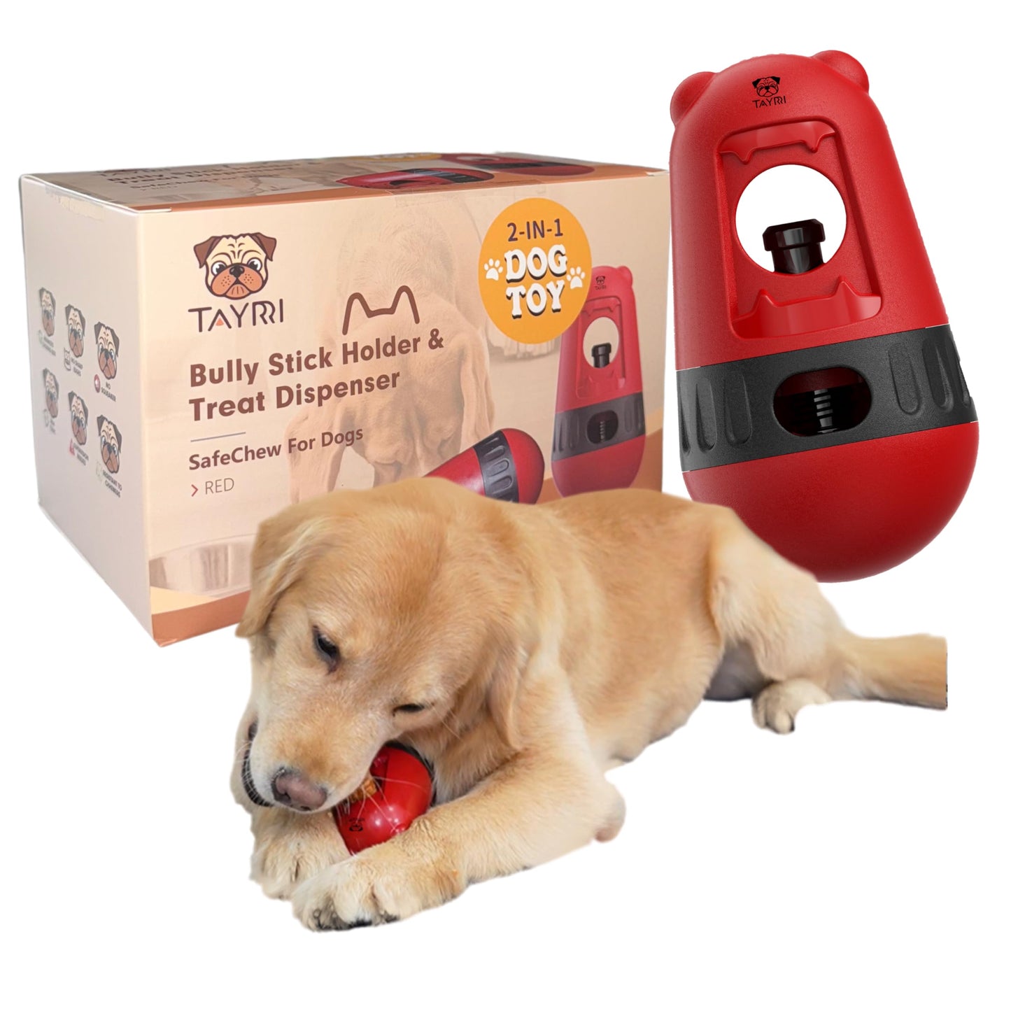 SafeChew 2 in 1 Treat Dispensing with Yak Chew Holder for Dogs – Dog Brain Stimulation Enrichment Puzzle Toy for Active Puppies, Bully Stick Holder for Super Chewers