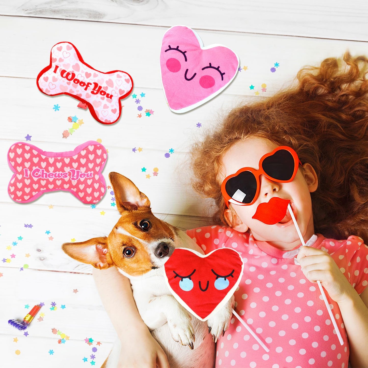 Mruq pet Pink Dog Toys, 4pcs Cute Fun Interactive Plush Squeaky Dog Toys, Red and Pink Bone and Heart Gifts Puppy Dog Teething Chew Toys for Small Medium Pet Dogs Teeth Cleaning