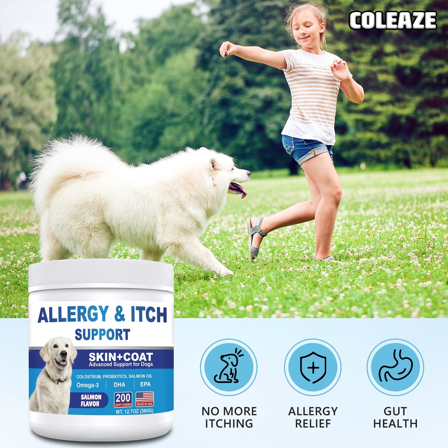 Dog Allergy Chews 200ct, Dog Allergy Skin Relief Chews for Dry Skin, Itchy Skin Relief Supplement for Paw Licking & Anti-Itch for Dogs with Colostrum, Salmon Oil, Probiotics to Boost the Immune System