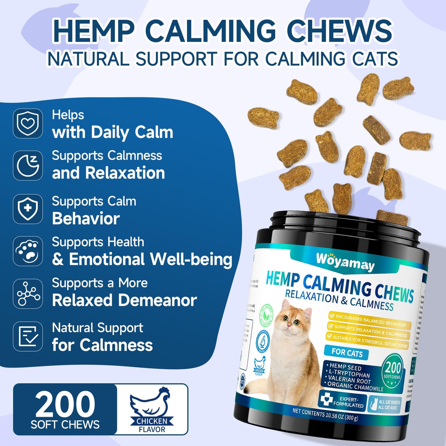 Hemp Cat Calming Treats, 200 Treats Calming Chews for Cats for Anxiety & Stress Relief, Calming Treats for Cats with Hemp Oil, Melatonin Cat Calming Chews for Stress | Sleep | Separation