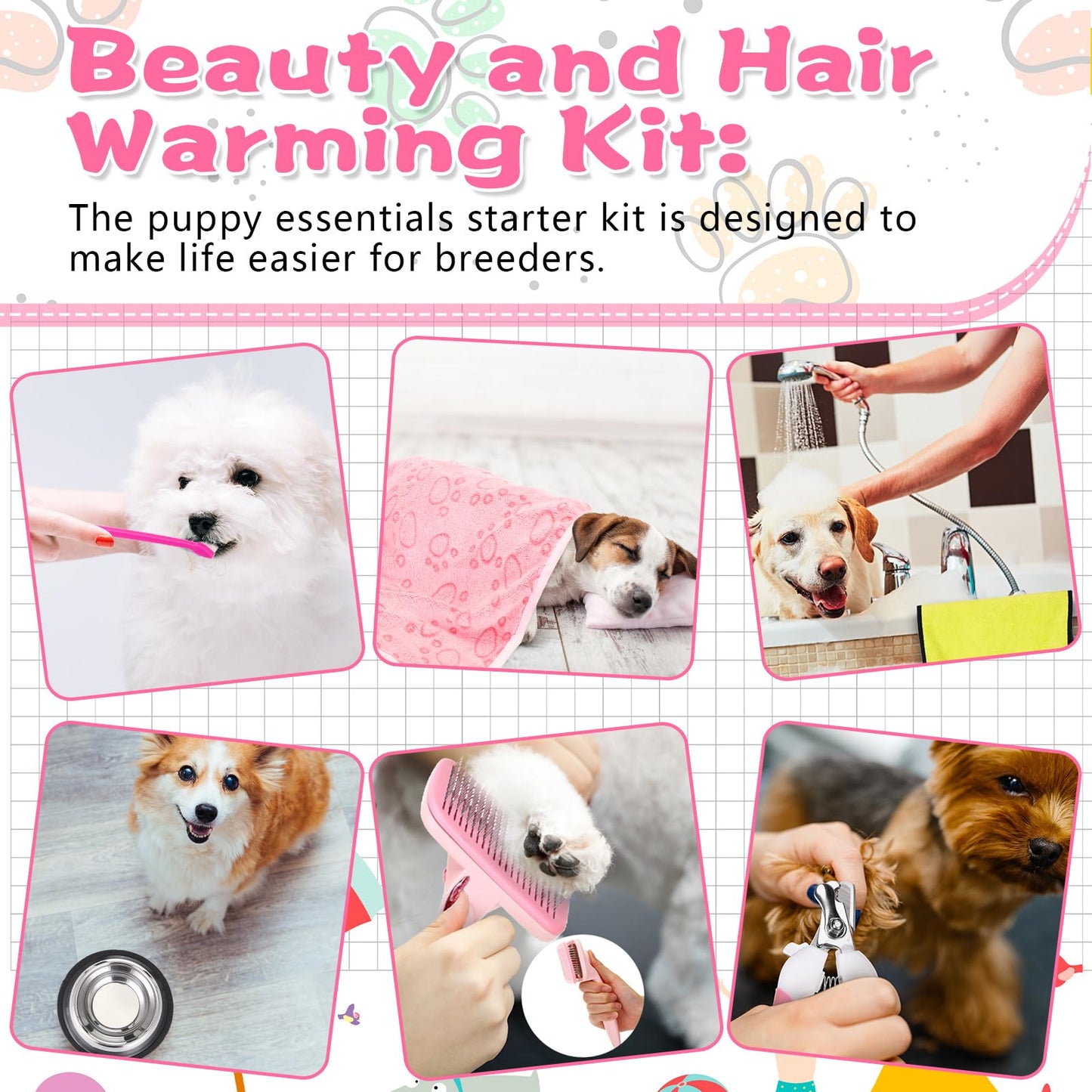 PullCrease 65 Pcs Puppy Supplies Starter Kit Small Dog Essentials Includes Dog Leash, Toys, Bowl, Brushes, Water Bottles, pet Blankets Puppy Accessories for New Welcome Gift Supplies(Cute,Pink)