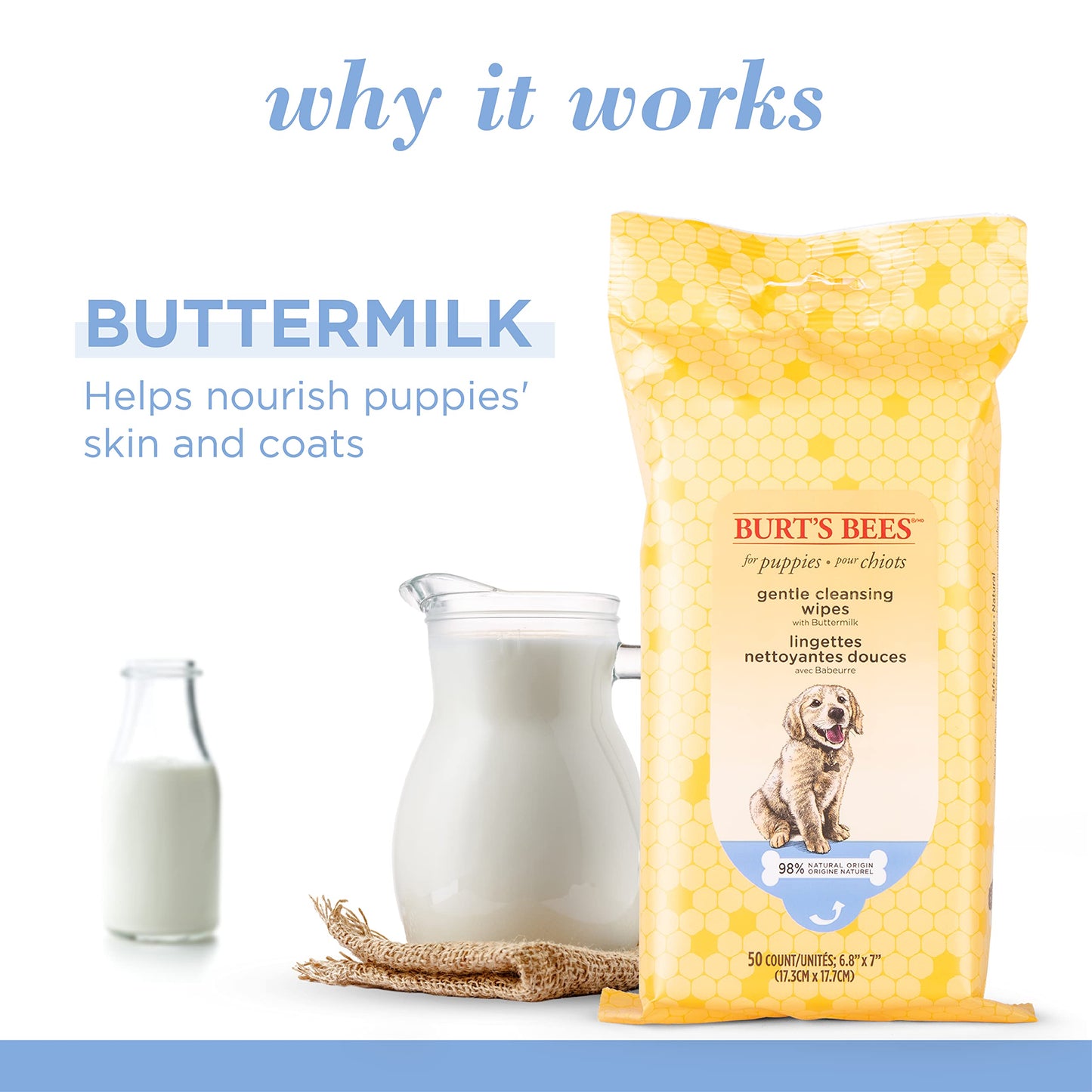 Burt's Bees for Pets Gentle Cleansing Puppy Wipes with Buttermilk, 98% Natural Origin Formulas, Hypoallergenic Dog Wipes Cleaning, Dog Cleaning Wipes, Dog Wipes for Paws and Butt, 50ct