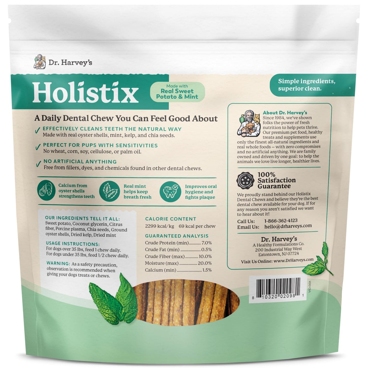 Dr. Harvey's Holistix Dental Chews for Dogs - Dog Teeth Cleaning & Fresh Breath Treats, Sweet Potato Mint (24 Sticks)