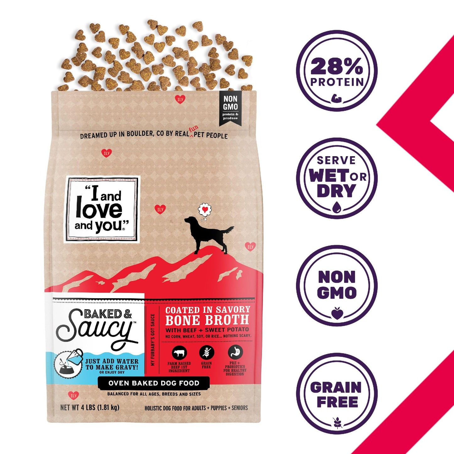I AND LOVE AND YOU Baked and Saucy Dry Dog Food - Beef + Sweet Potato - Prebiotic + Probiotic, Real Meat, Grain Free, No Fillers, 4lb Bag