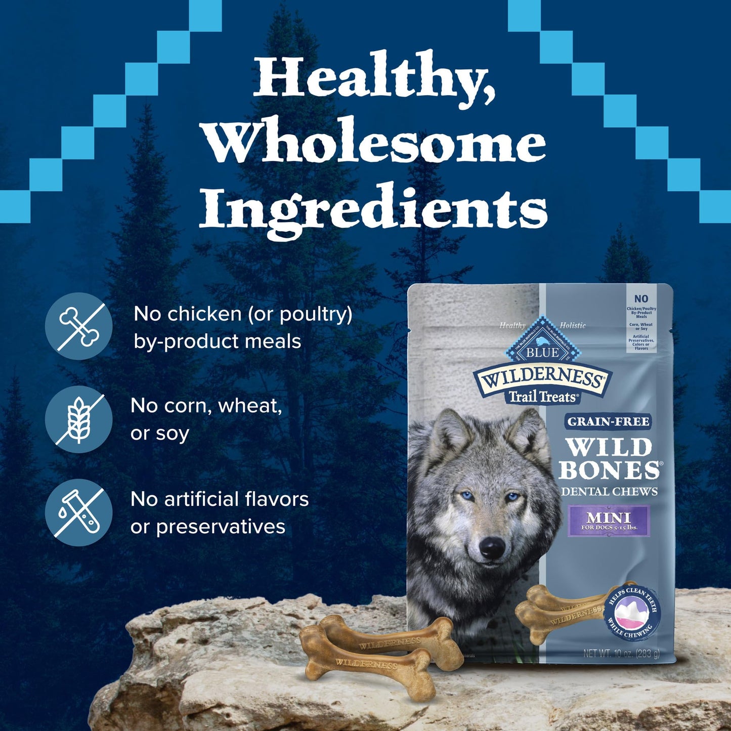Blue Buffalo Wilderness Wild Bones Grain-Free Dental Chews Dog Treats, Mini, 27-oz Bag