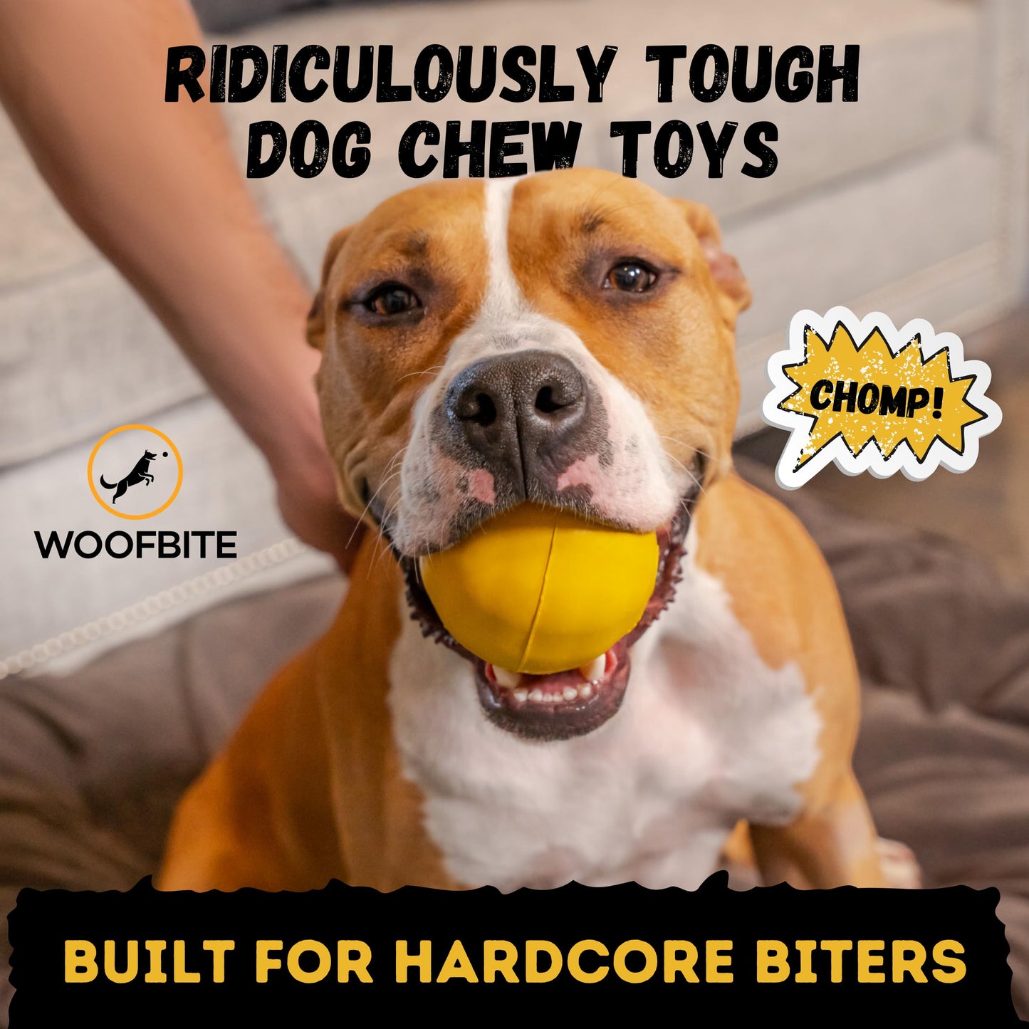 WoofBite Indestructible Dog Ball - Lifetime Replacement - Durable Dog Toy for Aggressive Chewers - Safe, Non-Toxic Natural Rubber - Chew & Fetch - Tough, Heavy Duty - 3” (Tennis Ball Size)