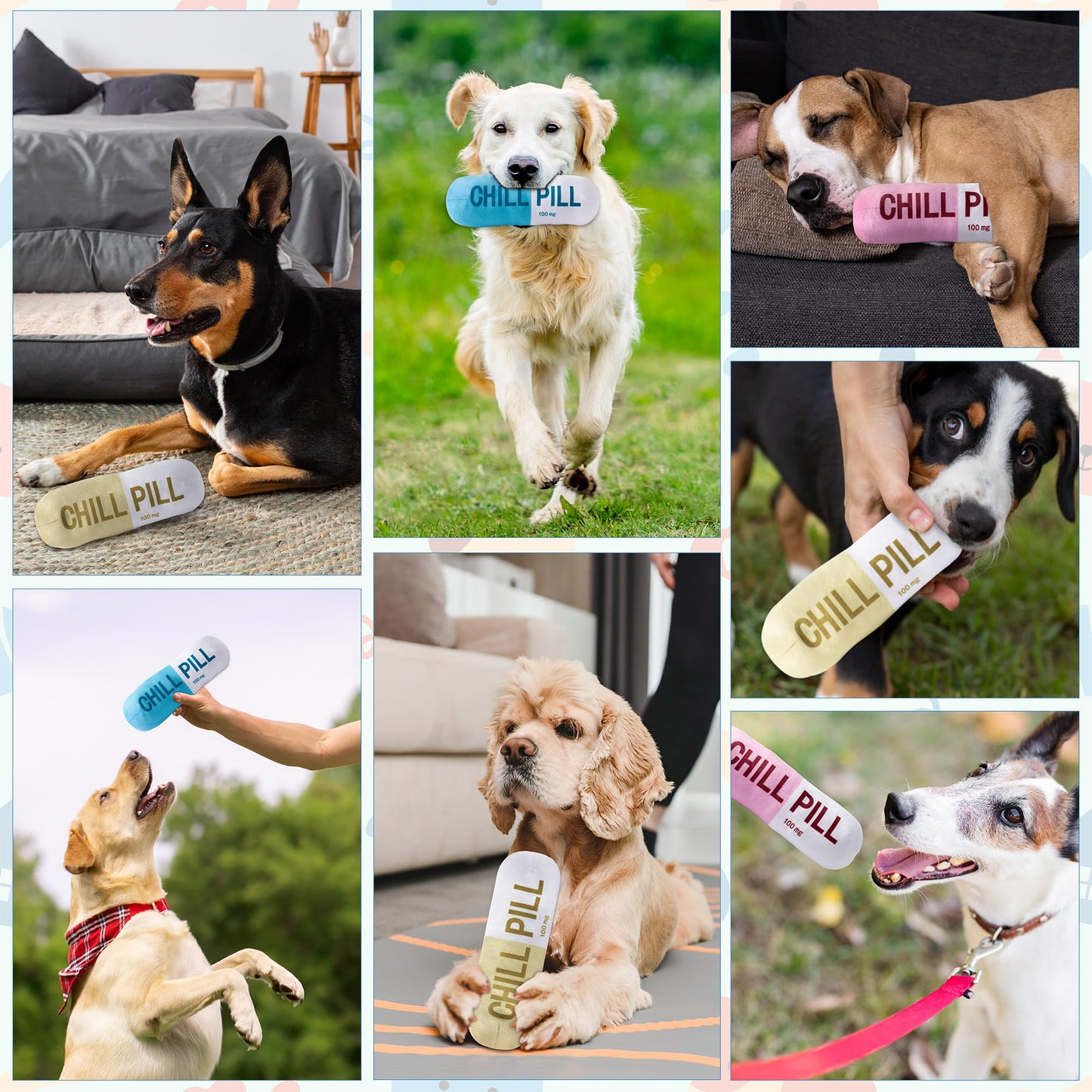CUweipeng Squeaky Dog Chew Toys - 3Pcs Chill Pill Capsule Teething Squeak Small Plush Dog Toy Keep Them Busy Aggressive Chewers Bite Kick Interactive Training Play Pet Lover Gifts Present Photo Props