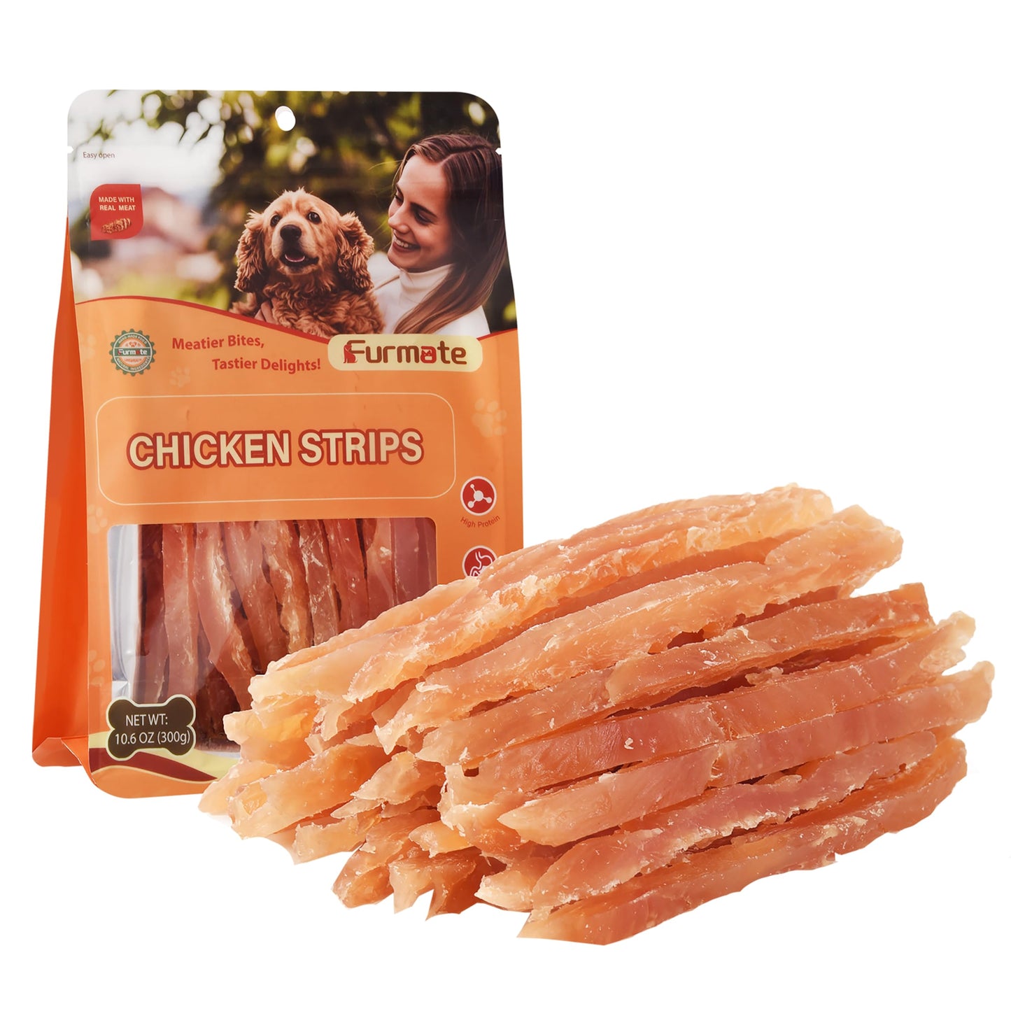 Furmate Chicken Jerky Strips Dog Treats, Chicken Breast Only Training Treats for Dogs,High Protein Low in Fat,Gluten-Free & Rawhide-Free,Healthy Skin & Shiny Coat,for All Life Stage Dogs,10.58 oz