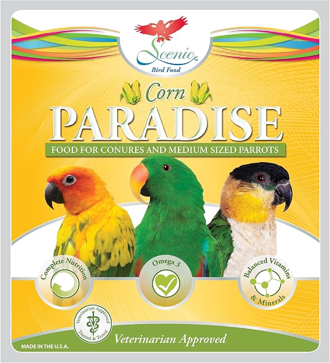 Scenic Corn Paradise Premium Parrot Food - Natural Flavors, High Protein, Low Iron Conure Bird Food, Eclectus & Other Small Pet Parrots, Omega 3, Vitamins & Minerals, 2 LB Bag