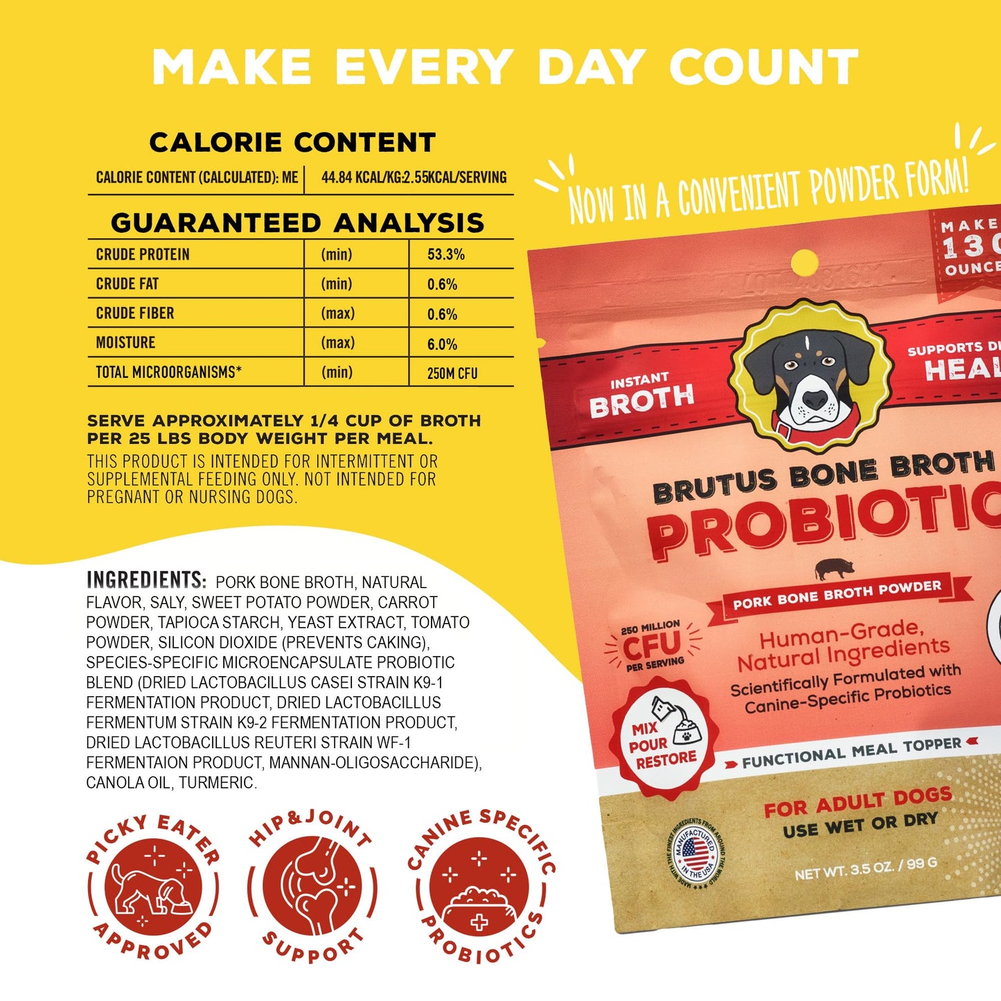 Brutus Bone Broth Probiotic Meal Toppers for Dogs Mega Pack (Pork) - Bone Broth Powder Fortified with Canine Probiotics - Dog Food Toppers for Dry Food - Makes 130oz of Liquid Bone Broth