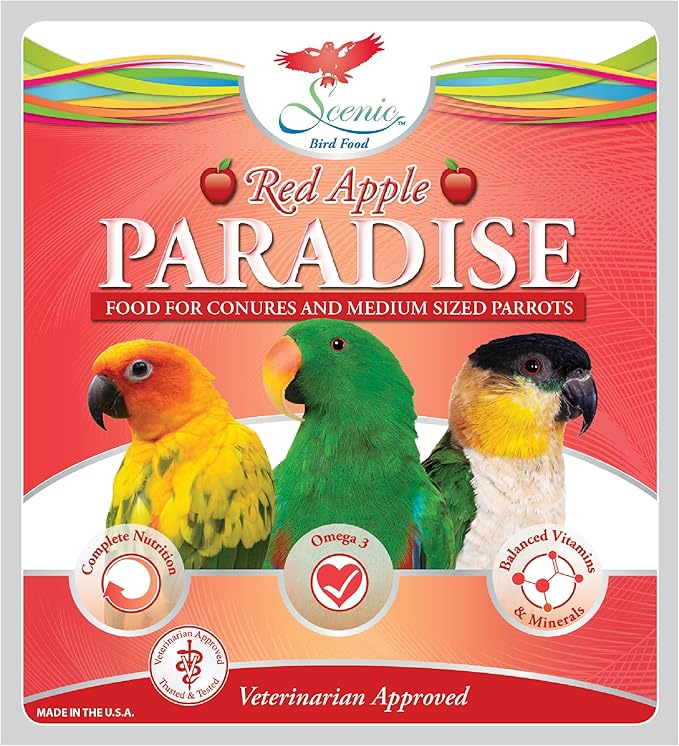 Scenic Apple Paradise Premium Parrot Food - Apple & Natural Flavors, High Protein, Low Iron Conure Bird Food, Eclectus & Other Small Pet Parrots, Omega 3, Vitamins & Minerals, 1 LB