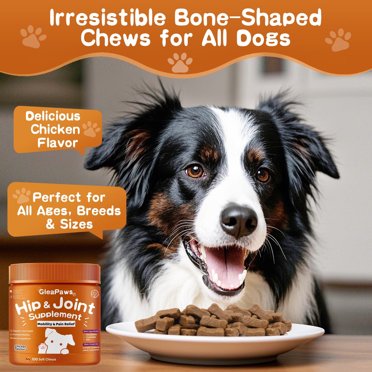 GleaPaws Hip & Joint Supplement Chews for Dog Joint Pain Relief - Glucosamine, Chondroitin, MSM for Dog Joint Collagen - Mobility Support for Senior, Large & Small Dogs - 100 Chews, Store in Dry Place