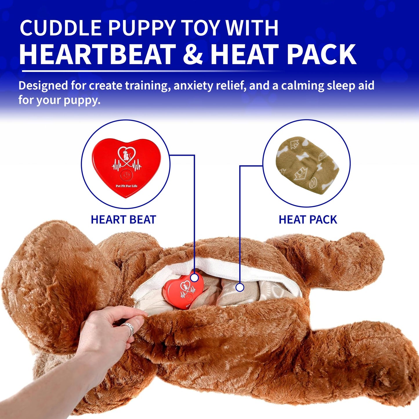 Pet Fit For Life Cuddle Pup Toy with Heartbeat & Heat Pack - USB Rechargeable Cuddly Dog Sleep Aid - Calming Comfort for Anxiety Relief - Safe, Huggable Pet Crate Training Aid - Extra Large