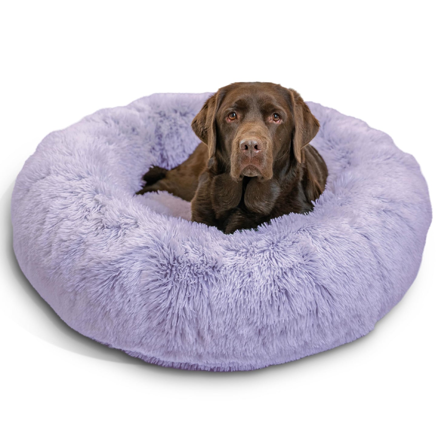 Best Friends by Sheri Original Calming Donut Dog and Cat Bed, Shag Faux Fur, Lavender, (36in x 36in) - Anxiety Relief for Pets Up to 100 lbs