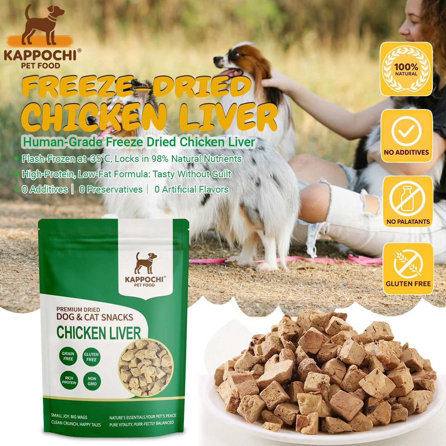 KAPPOCHI Freeze-Dried Chicken Liver Dog Treats, 3.5oz(100.0g), Single Ingredient, High Protein Training Treats, Natural & Raw, No Additives, Grain Free, Gluten Free