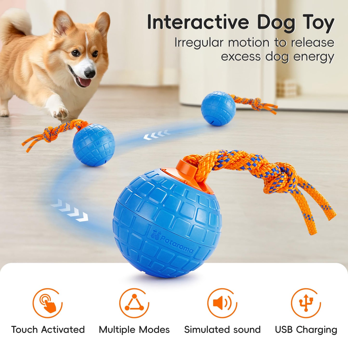 Potaroma Interactive Dog Ball Toys Touch Activated, Rechargeable Animal Sound Dog Toy, Durable Moving Ball for Pup with Chewing Rope for Dogs Puppy, Blue
