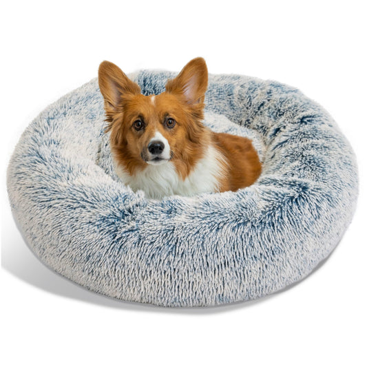 Best Friends by Sheri Original Calming Donut Dog and Cat Bed, Shag Faux Fur, Denim Blue, (30in x 30in) - Anxiety Relief for Pets Up to 45 lbs