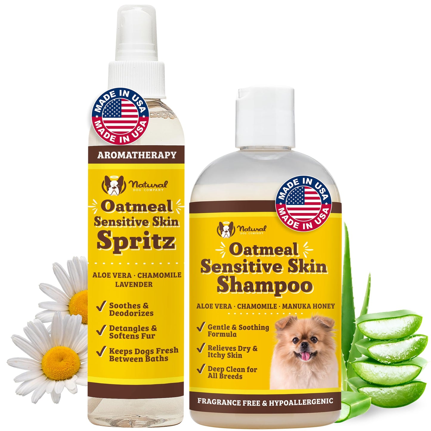 Natural Dog Company Sensitive Skin Shampoo and deodorizing Spray Grooming Bundle, Includes (1) Sensitive Skin Shampoo 12 Oz, (1) Sensitive Skin Dog deodorizing Spray 8 Oz