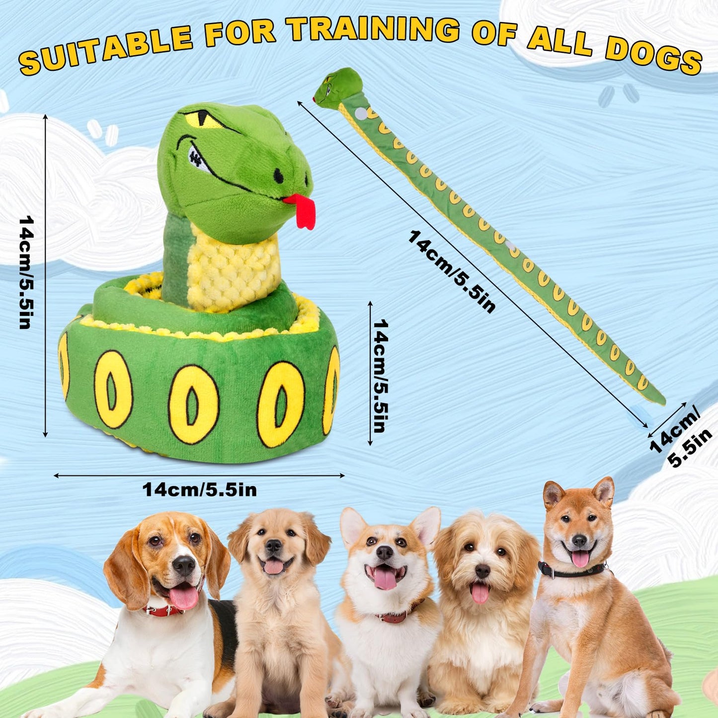 Tierglück Snake Squeaky Crinkle Dog Toy, Hide-and-Seek Treat Dispenser with Sniffing & Digging & Foraging Puzzle, Plush Interactive Mental Stimulation Enrichment for Puppies, Small/Medium/Large Dogs
