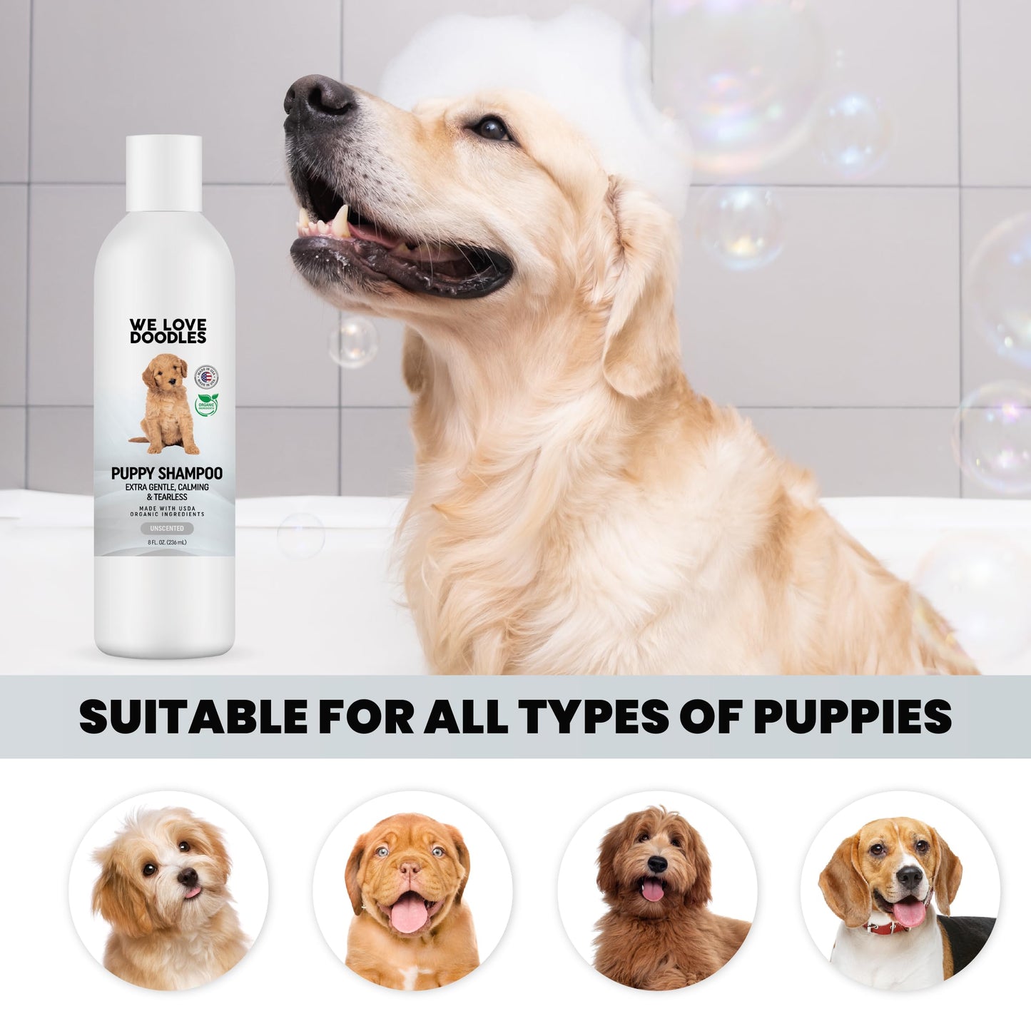 We Love Doodles Puppy Shampoo & Conditioner and Dog Cologne | Organic Ingredients | Sensitive & Itchy Skin Wash | Long Lasting After Bath | Puppies Odor Eliminator Spray | Made in USA