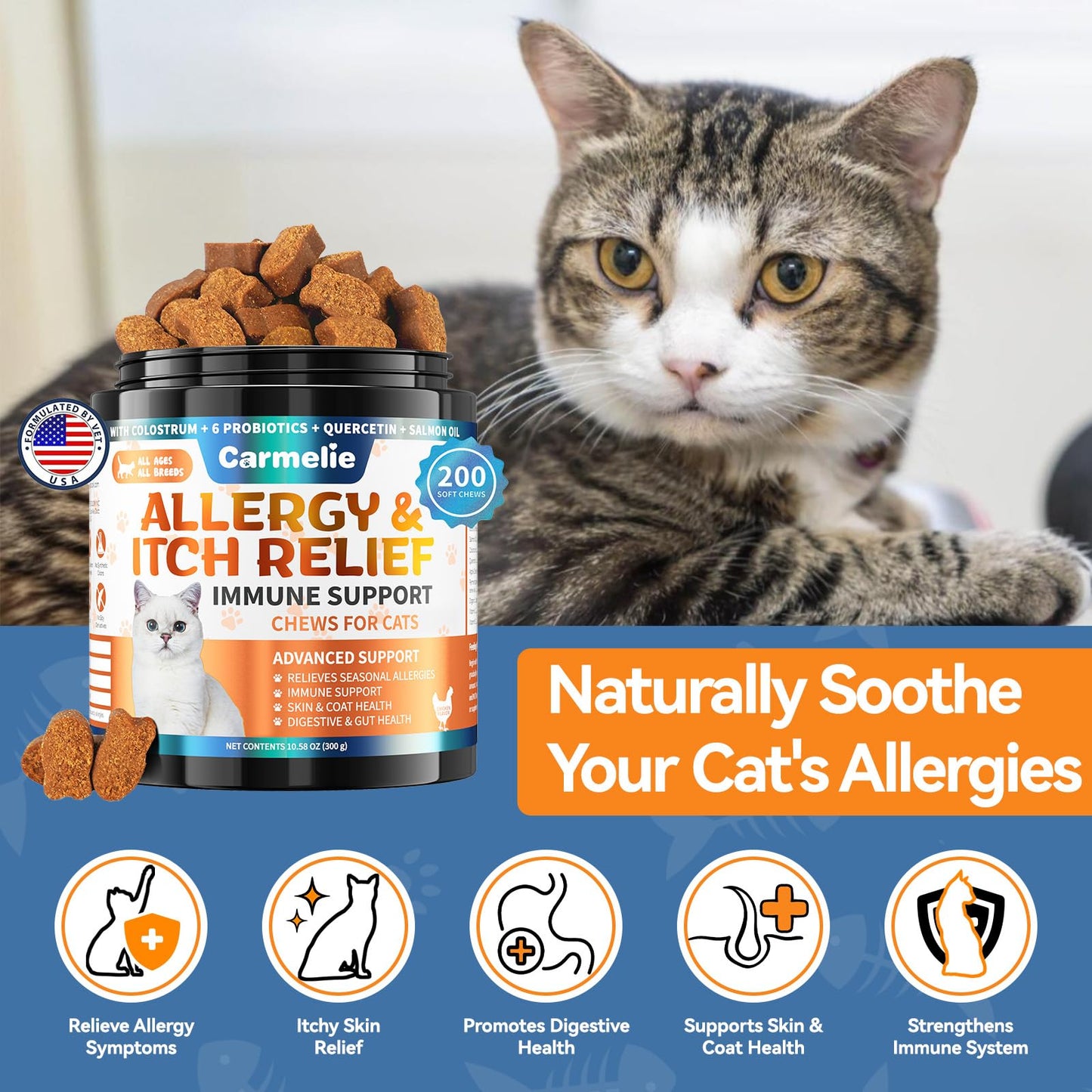 Cat Allergy Relief & Probiotics for Dogs Chews - 200 pcs Itchy Skin & Paw Licking Relief - Omega 3 & Probiotic for Cats - Fibre for Dogs Anti Diarrhea, Upset Stomach, Gas Relief, Itchy Skin (Chicken)