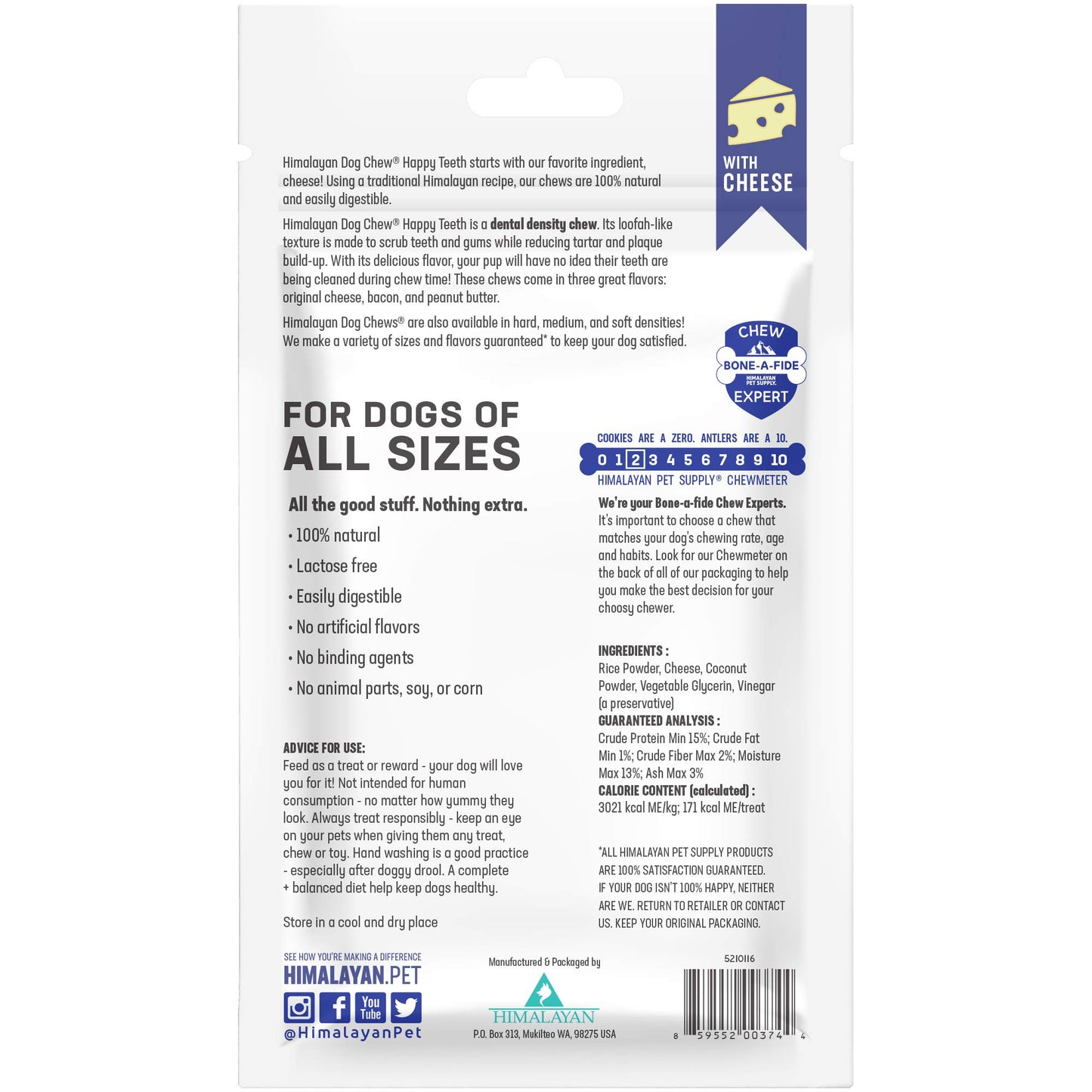 Himalayan Dog Chew Happy Teeth Yak Cheese Dog Chews Dental Chews, 100% Natural, Long Lasting, Gluten Free, Healthy & Safe Dog Treats for Oral Health, Lactose & Grain Free, Protein Rich, 2 Chews