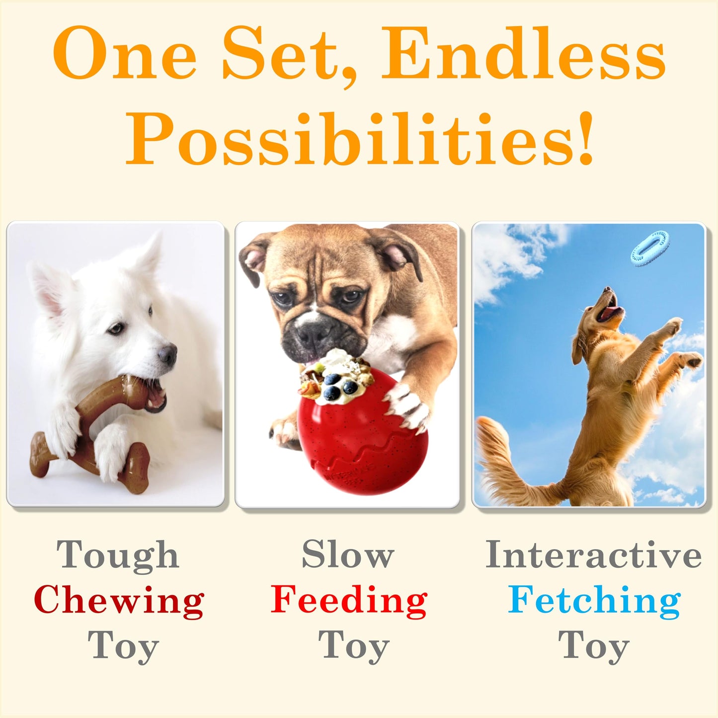 DOKALAZY All-Inclusive Tough Dog Toy Set: Treat Dispenser Ball for Non-Stop Play, Durable Nylon Bone for Aggressive Chewers & Rubber Ring for Fetch Fun