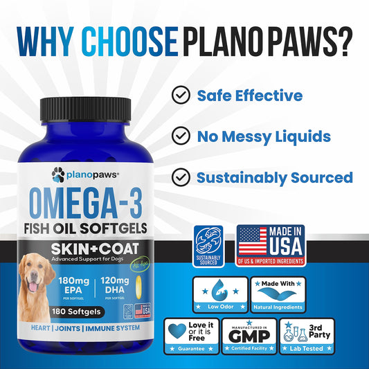 Omega 3 Fish Oil for Dogs Capsules - Salmon Oil for Dogs - Dog Fish Oil Supplement May Help Shedding, Allergy, Itching - Support Dry Skin, Joints - Dog Skin and Coat Supplement - 180 Fish Oil Pills