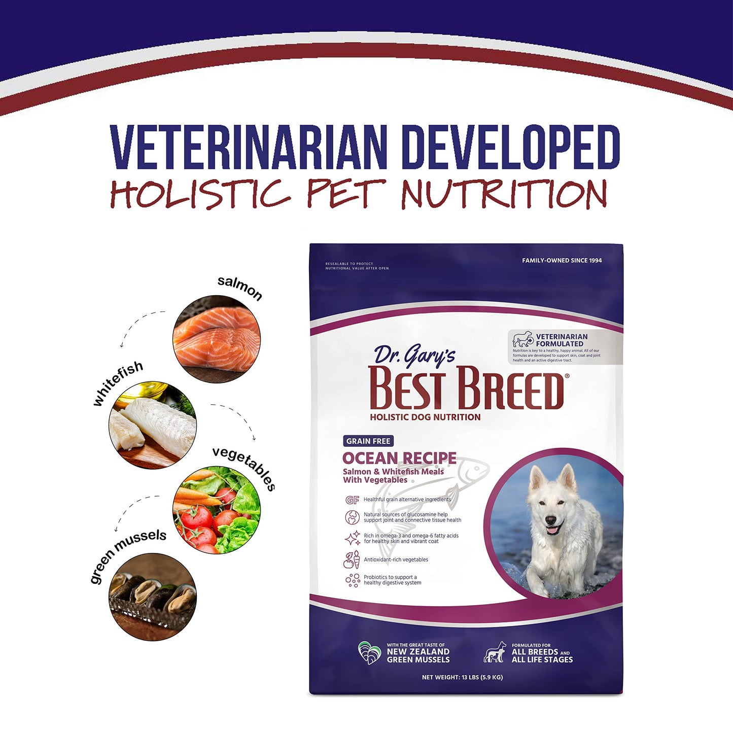 Best Breed Dr. Gary's Grain Free Ocean Recipe Slow-Cooked in USA, Natural Dry Dog Food for All Breeds and Sizes, 13lbs.