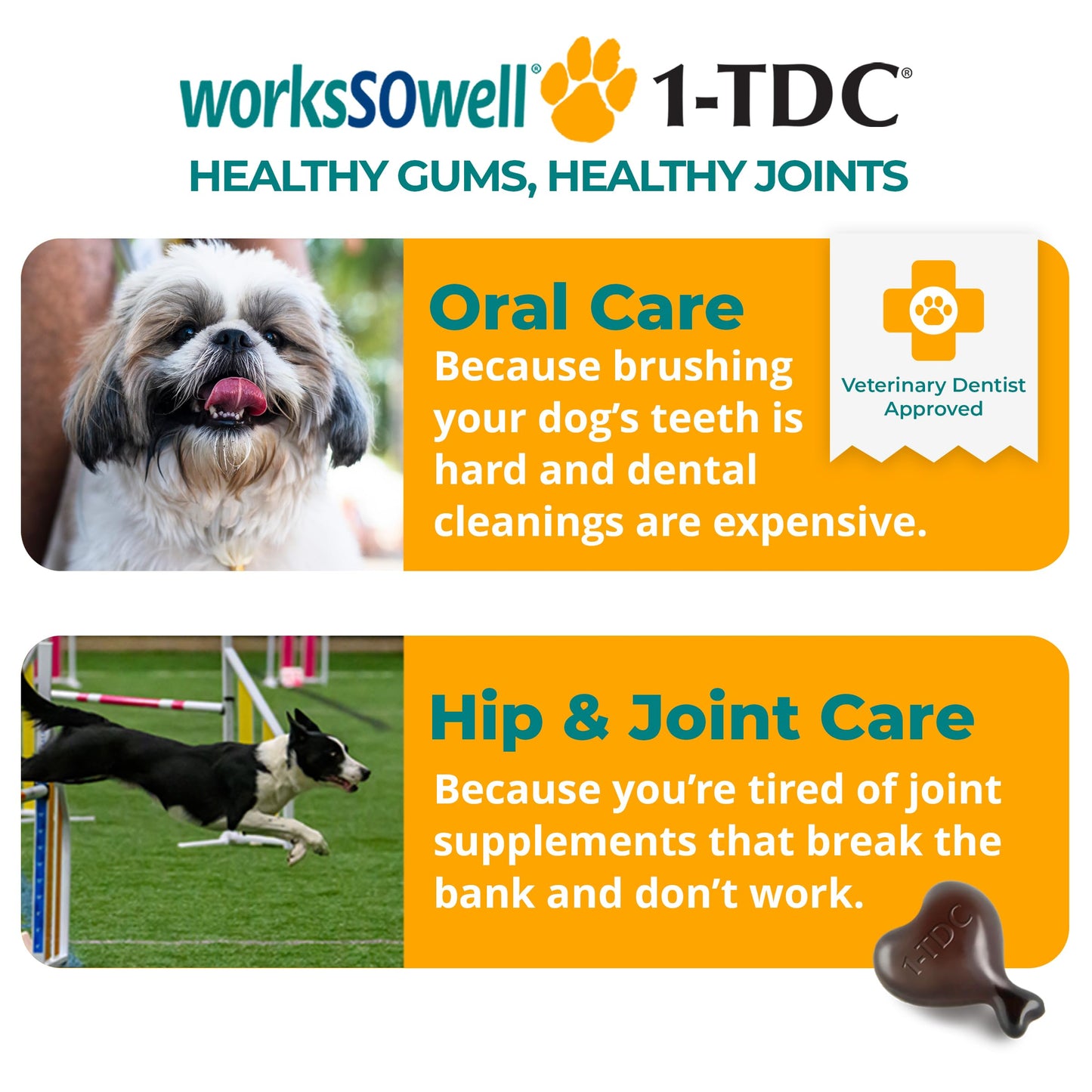 1TDC WorksSoWell Dual Action Joint Supplement for Dogs & Cats - Hip and Joint Supplement for Large Breed & Small Breed - Also Great for Oral Health - Muscle & Stamina Recovery & Arthritis - 120ct
