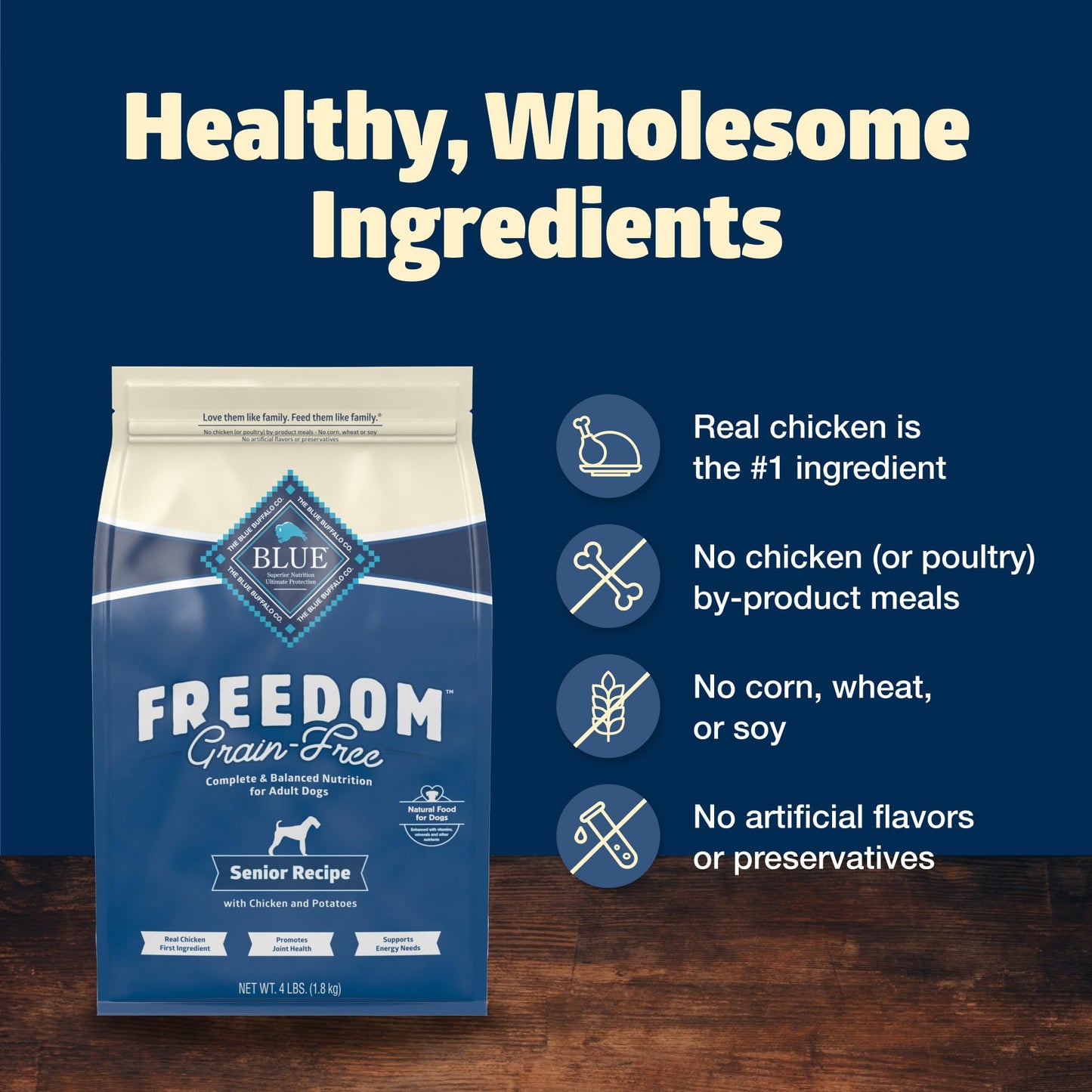 Blue Buffalo Freedom Grain-Free Senior Dry Dog Food, Provides Energy To Stay Active, Made in the USA With Natural Ingredients, Chicken & Potatoes, 4-lb Bag