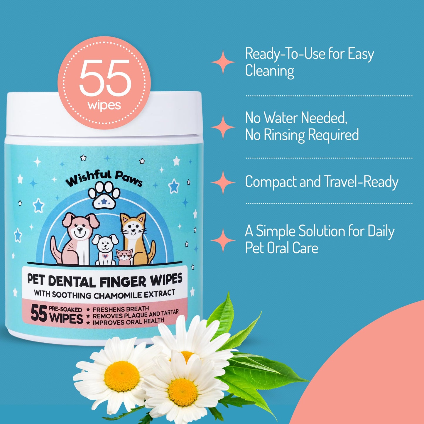 Dog Teeth Cleaning Wipes - Dog Tooth Brushing Kit - Dog Toothbrush Finger Wipes - Removes Plaque & Tartar, Dog Breath Freshener - No-Rinse Pet Dental Care for Dogs & Cats - Easy Use - 55 Count