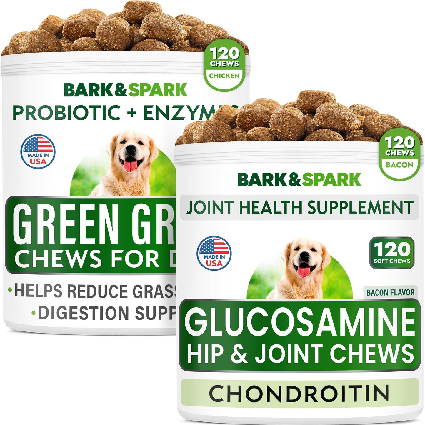 Glucosamine Bacon Flavor + Grass Treatment for Dog Urine Bundle - Joint Pain Relief + Dog Urine Neutralizer - Chondroitin, MSM, Omega-3 + Probiotics - Pee Lawn Repair - 120 + 120 Soft Chews - US Made