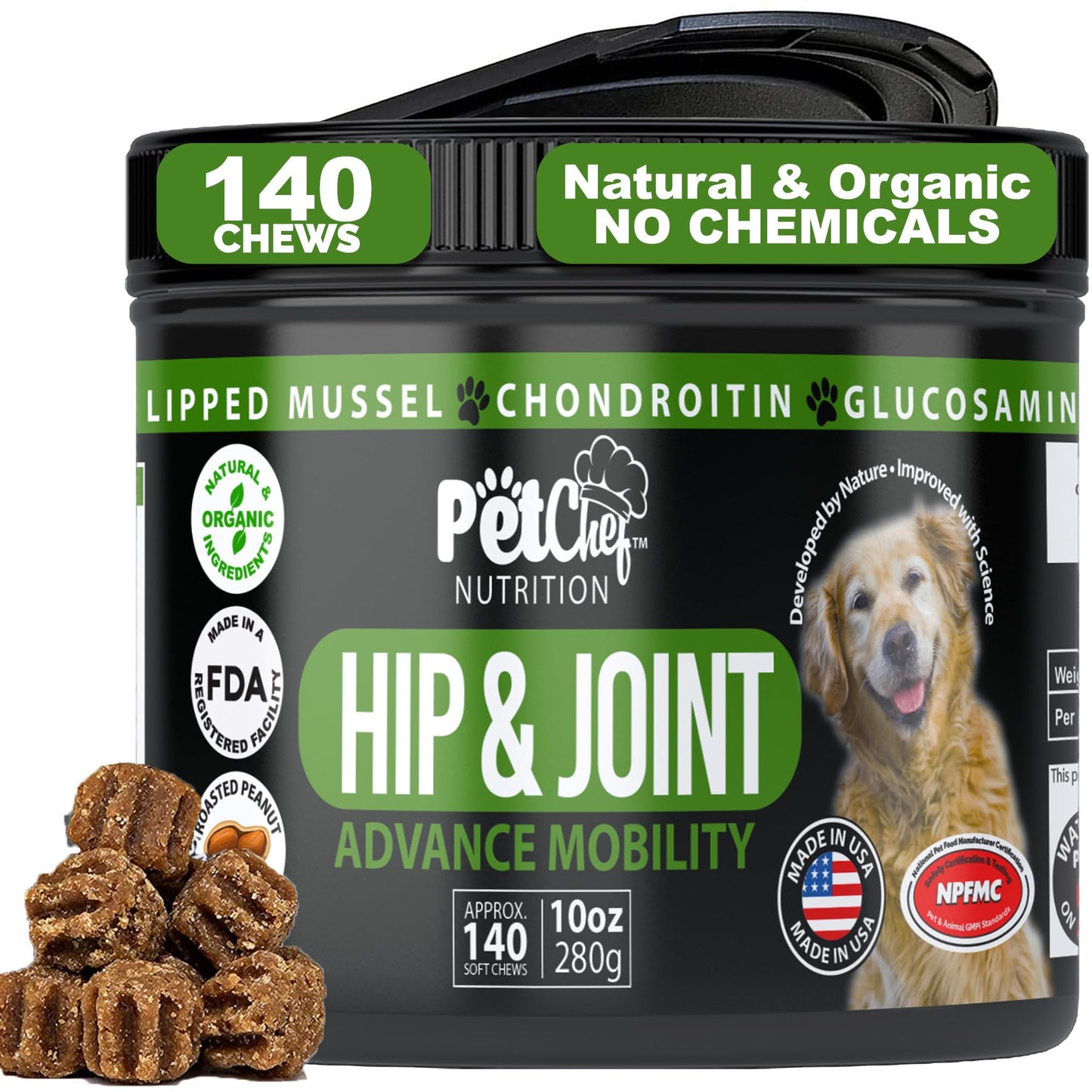 Pet Chef Dog Hip & Joint Pain Relief Supplement - Glucosamine, Chondroitin, MSM, Turmeric - Cannine Arthritis Pain Relief & Mobility Chews - Hip Joint Support Treats Peanut Butter 140ct Best Price!