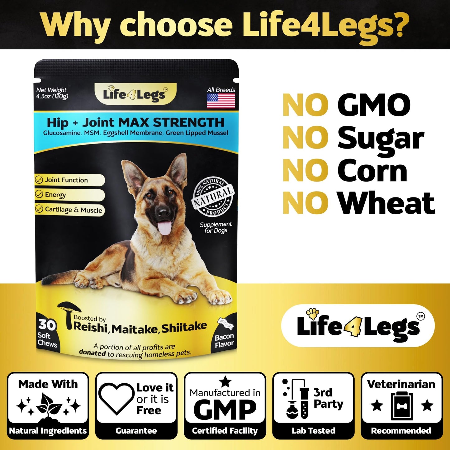 Life4Legs - Soft Chews Hip and Joint Supplement for Dogs - Dog Joint Pain Relief Treats - Glucosamine, Chondroitin, Turmeric- Mobility Bites Supplement