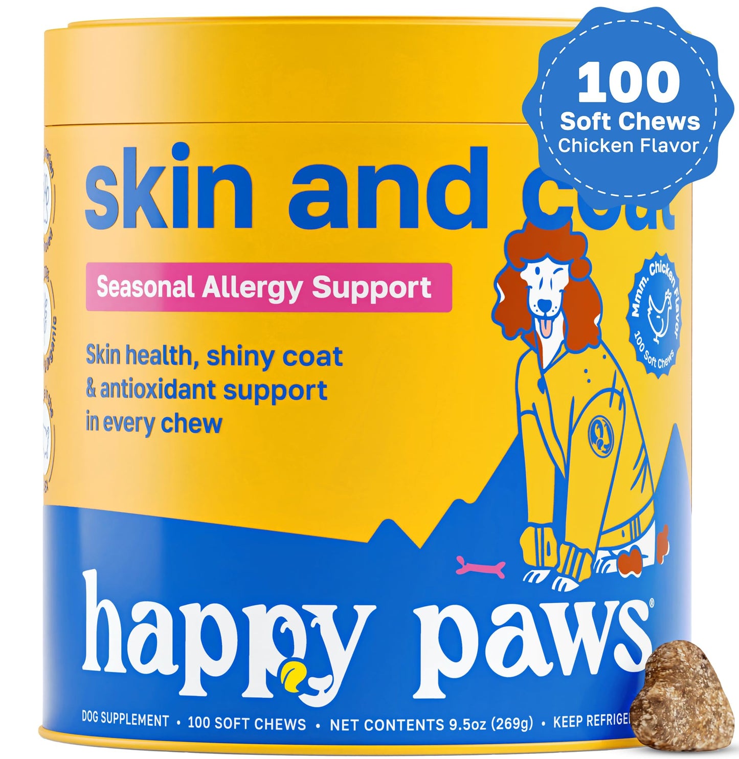 Happy Paws Skin and Coat Supplement for Dogs, Soft Chews with Biotin, Coconut Oil, Vitamins B & E, Organic Coral Calcium, P-18 Probiotics, Sweet Potato, Vegan, Organic, Chicken Flavored, 100 Count