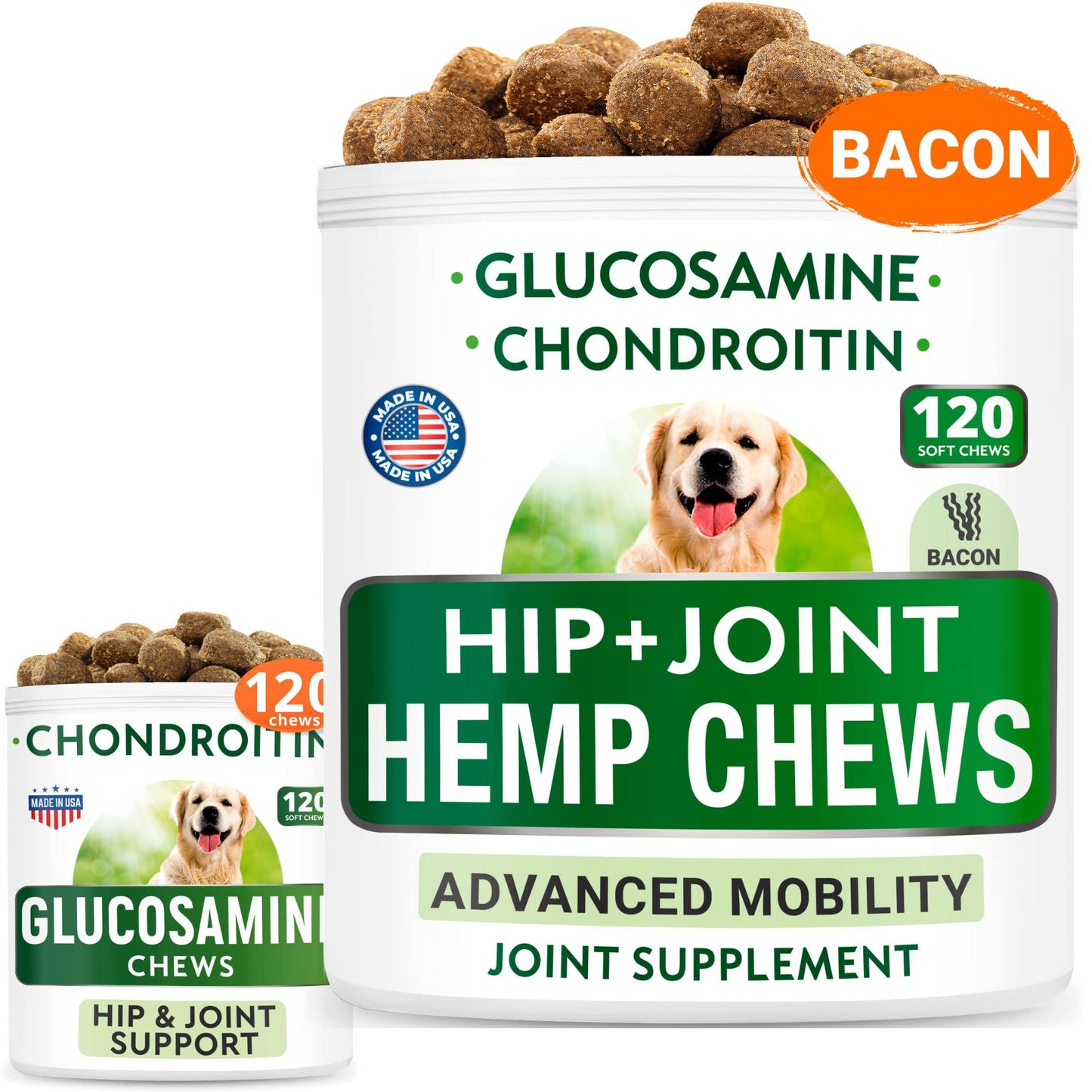 Hemp Treats + Glucosamine Dog Chews Bundle - Natural Joint Pain Relief Supplement - Hemp Oil, Chondroitin w/MSM, Omega 3 - Advanced Hip & Joint Support Formula - 120 + 120 Chews - Made in USA