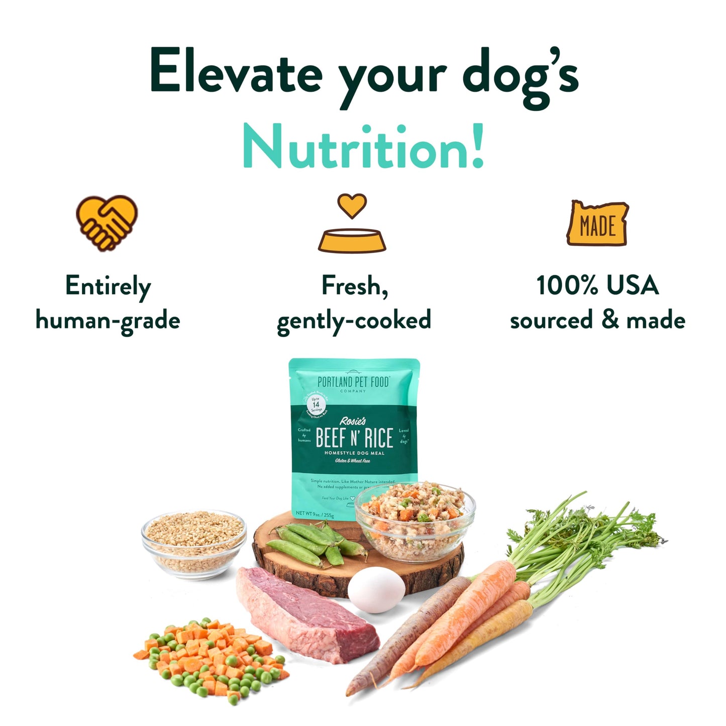 Portland Pet Food Company Rosie’s Beef N' Rice Fresh Dog Food Pouches - Human-Grade, Gluten-Free Wet Pet Meal Topper & Mixers - Small & Large Breed Puppy & Senior Dogs - Made in The USA - 5 Pack