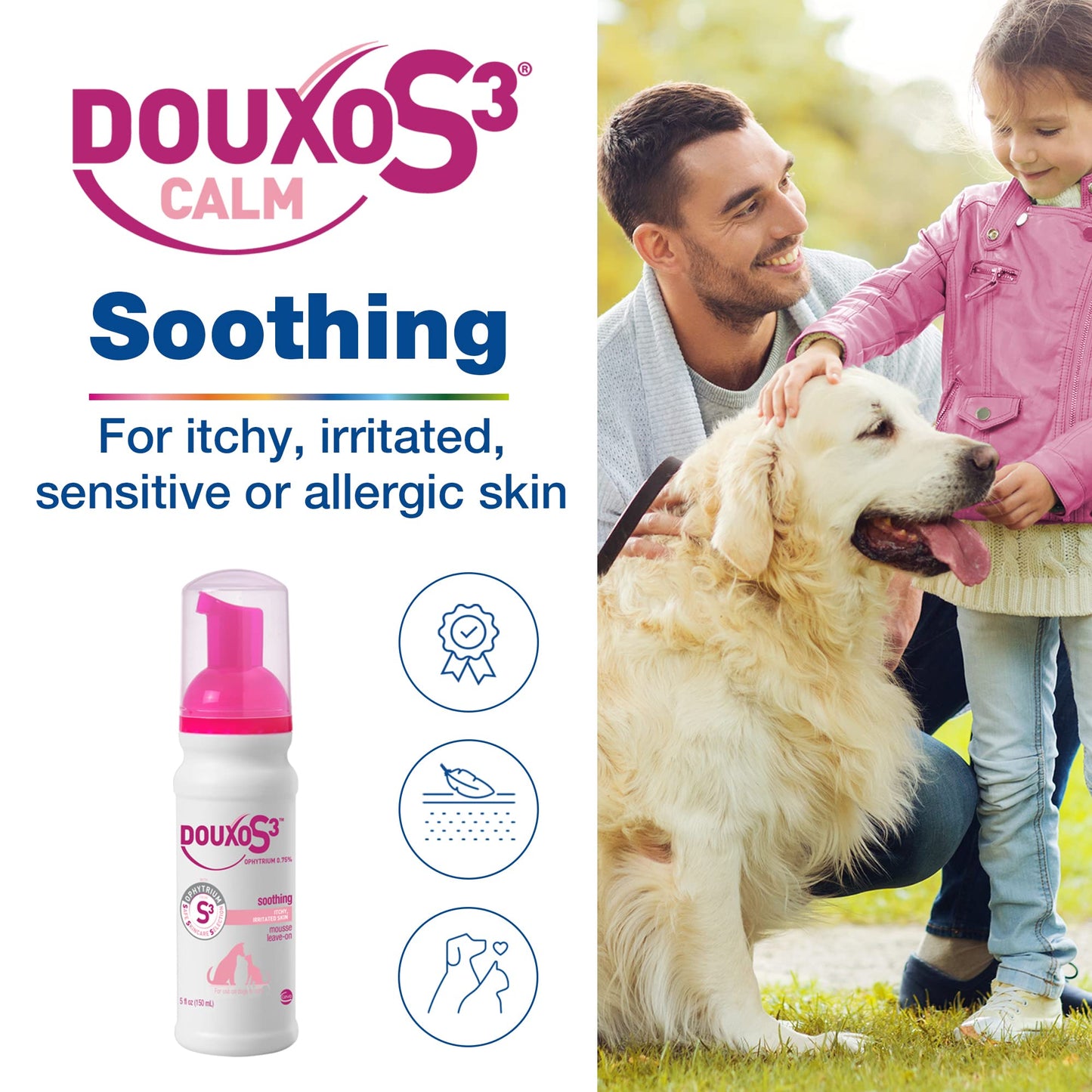Douxo S3 Calm Mousse, Contains 0.75% Ophytrium, Soothing, For Itchy, Irritated or Allergic Skin, For Dogs and Cats, 5.1 fl. oz. (150mL)