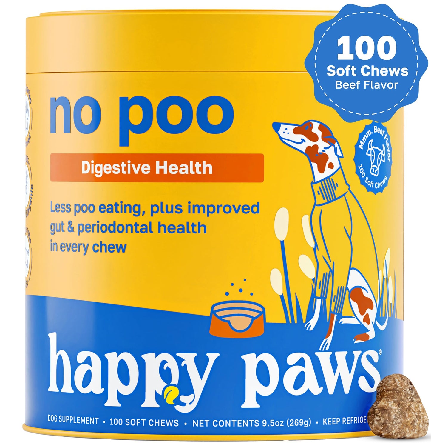 Happy Paws No Poo Chews for Dogs, Poop Eating Coprophagia Deterrent, Soft Chews for Dogs with Pumpkin, Probiotics & Enzyme Blend for Digestive Health, Organic, Vegan, Non GMO, Beef Flavor, 100 Count