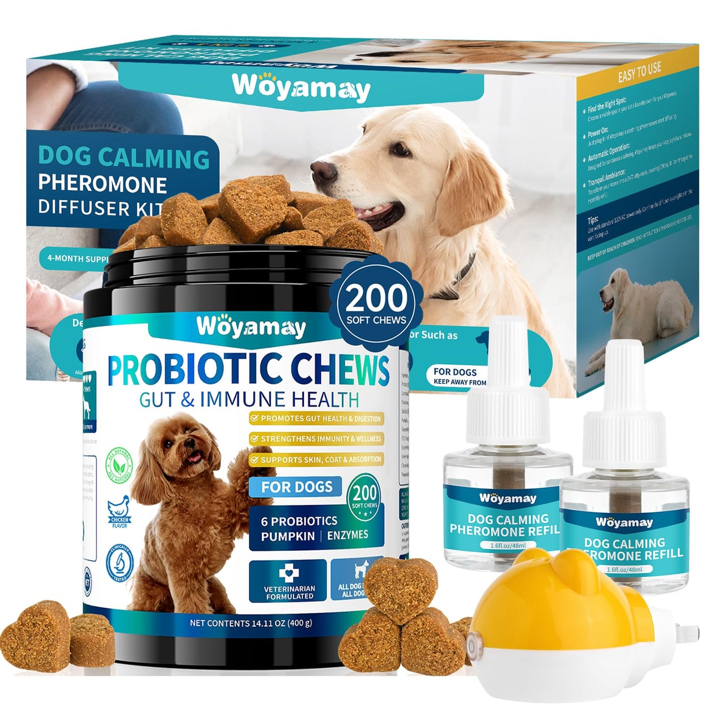 Woyamay 3-in-1 Dog Calming Diffuser & 200 Soft Probiotic Chews Bundle – Daily Support for Anxiety, Stress, Digestion & Immunity – A Soothing, Gut-Friendly Combo for a Healthier, Happier Pup