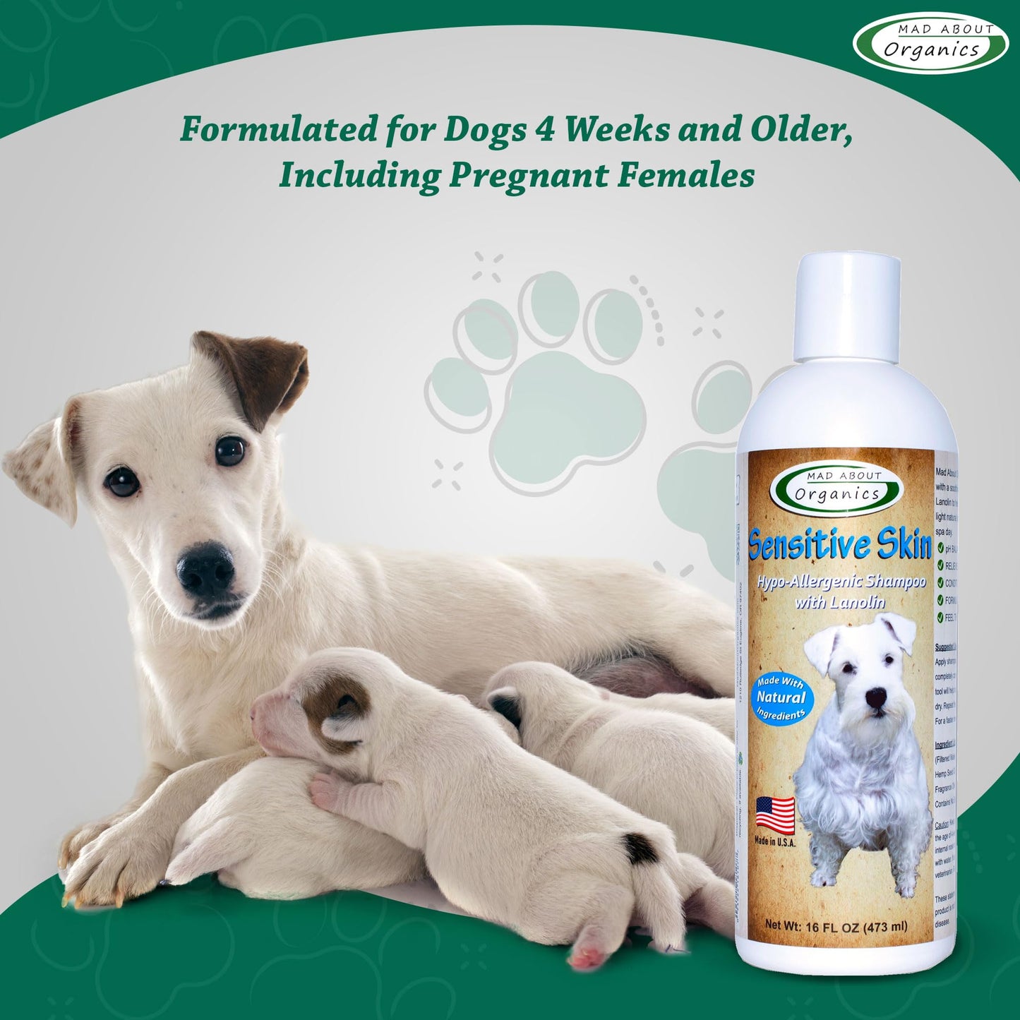 Mad About Organics Dog Shampoo for Sensitive Skin - Lanolin-Enriched Formula - pH Balanced to Support Natural Oils - Light Citrus Scent - Suitable for All Dogs - Moisturizes and Softens Coats - 16 oz