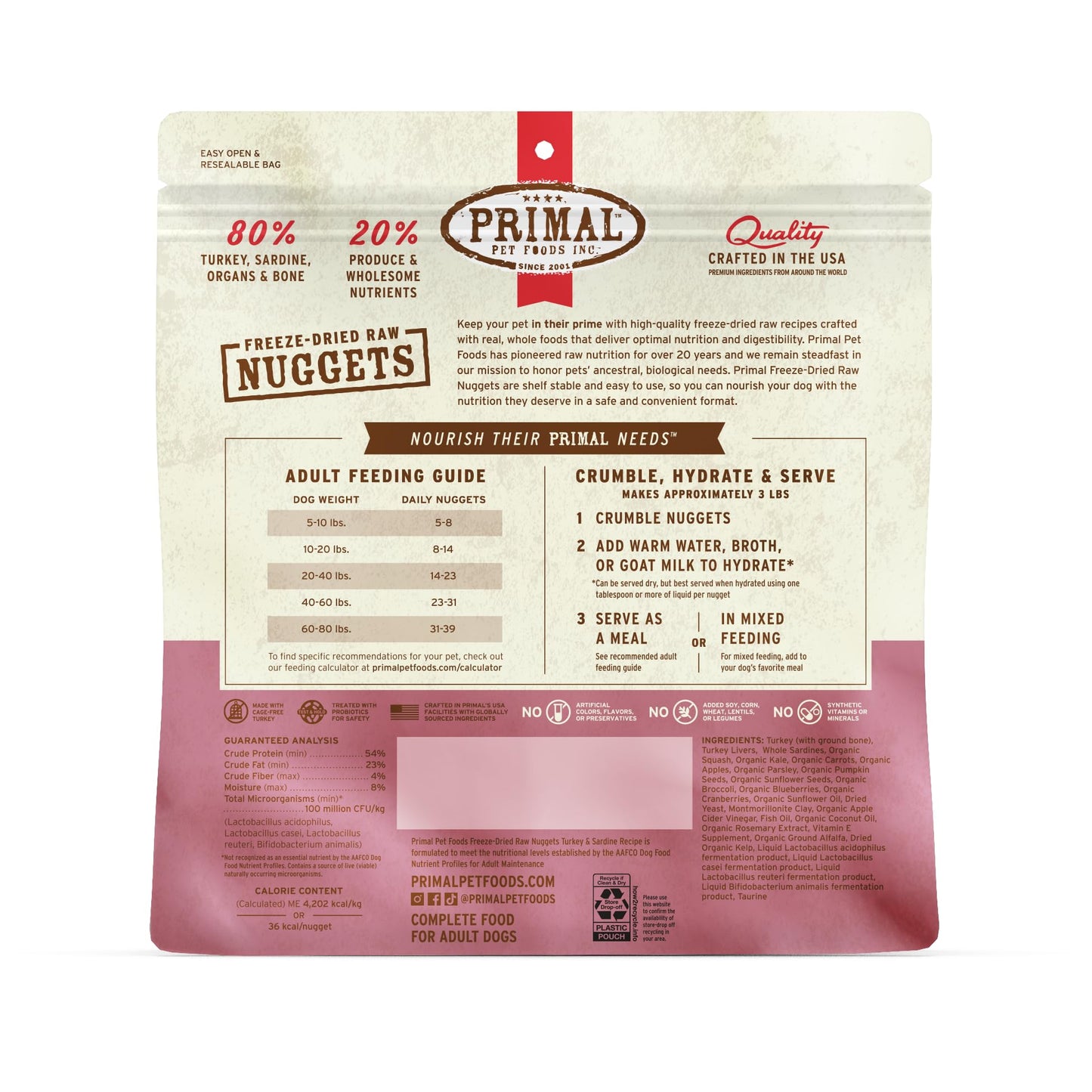 Primal Freeze Dried Raw Dog Food Nuggets, Turkey & Sardine Complete & Balanced Meal, Also Use as Topper or Treat, Premium, Healthy, Grain Free, High Protein Raw Dog Food, 14 oz