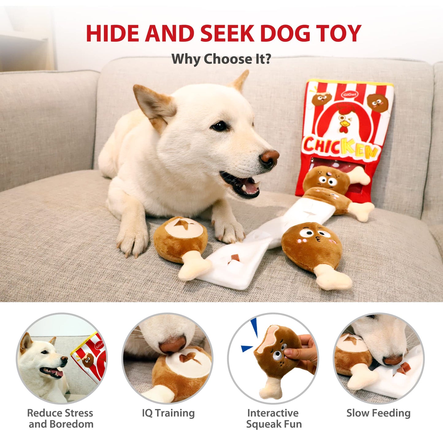 Gigwi Interactive Squeaky Dog Toys, Hide and Seek Dog Toys for Boredom and Stimulating, Funny Crinkle Dog Toy Set Bucket, 2-in-1 Dog Puzzle Toys for All Breeds of Dogs IQ Training