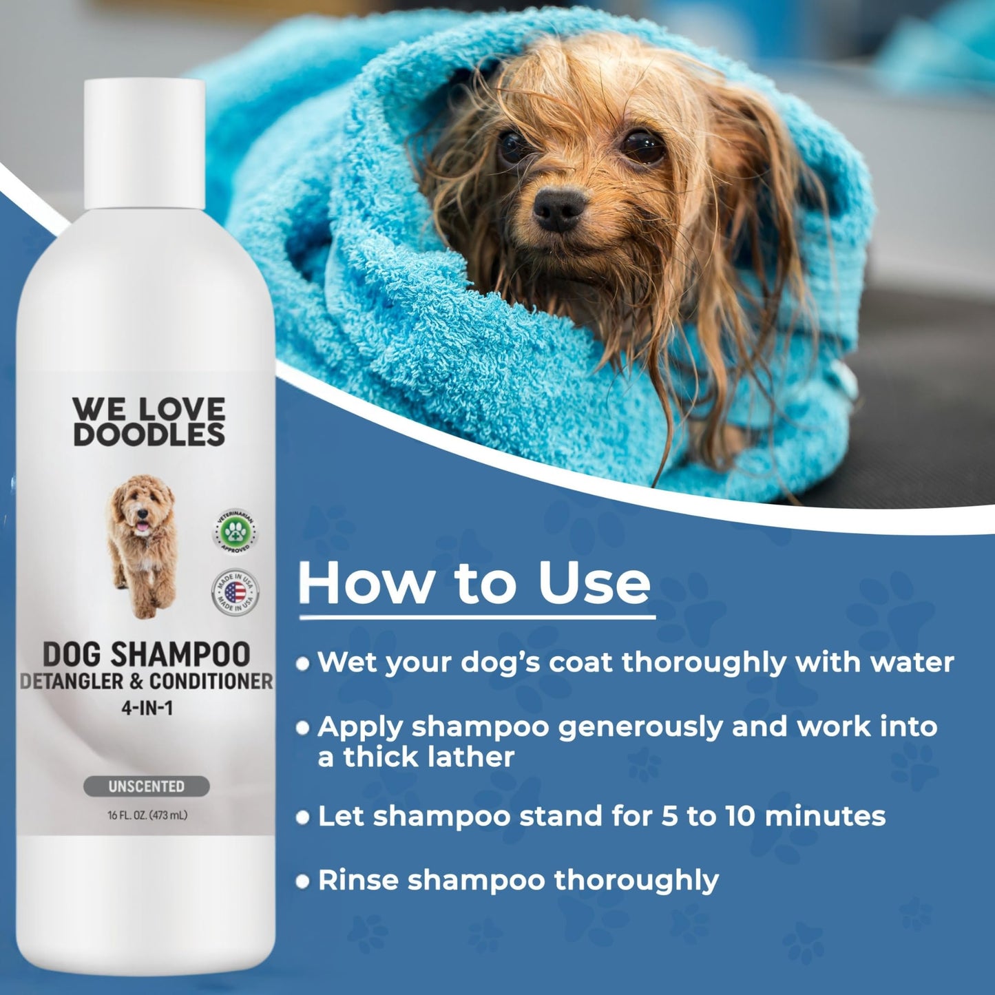 We Love Doodles Dog Shampoo, Conditioner, & Detangler - Shampoo for Dogs, Goldendoodles, Poodles & Doodles, for Matted Pet Hair & Sensitive Skin, Made in The USA, Unscented, 16 oz