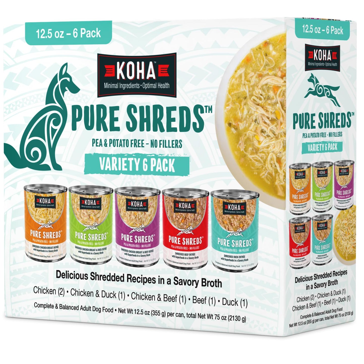 KOHA Pure Shreds Dog Variety Pack, High Protein Wet Dog Food- 5 Flavors - Beef, Duck, Chicken & Duck and Chicken & Beef Food for Dogs - 12.5oz Cans, Pack of 6